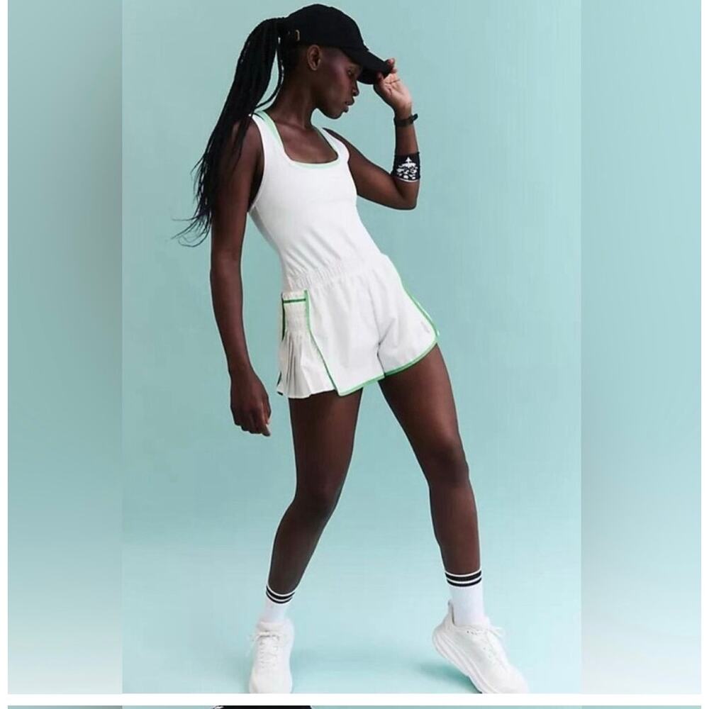 Free People Movement Easy Tiger White/Green Shortsie Romper Size Medium Tennis